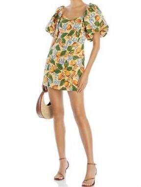 NWT Rhode Dali Floral Printed Puff Sleeve Off Shoulder Linen Dress Orange Size 6
